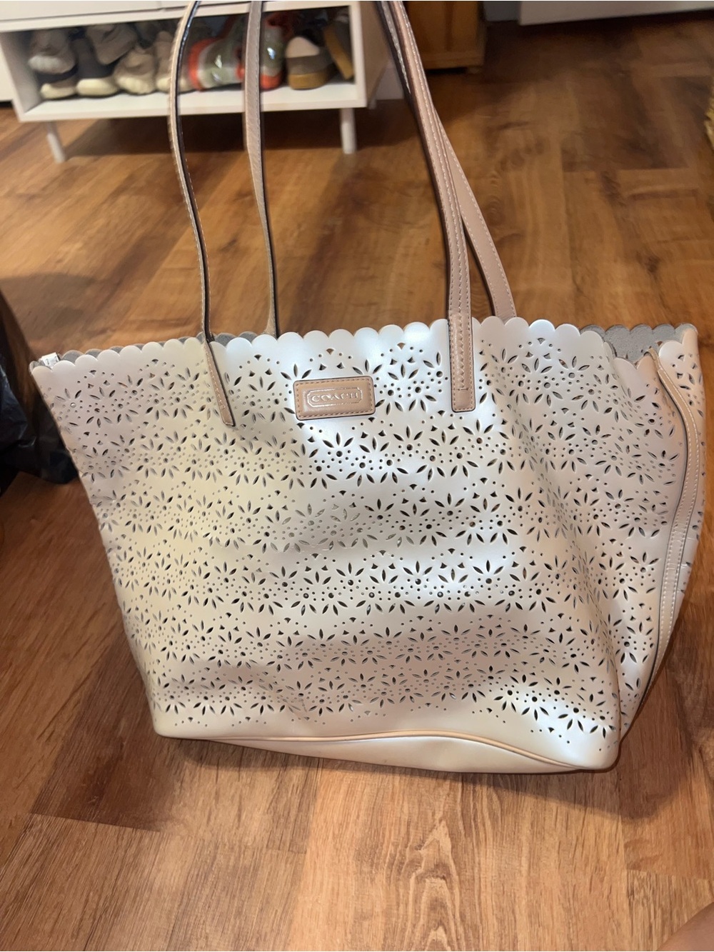 Coach White Laser-Cut Floral Tote with Tan Trim